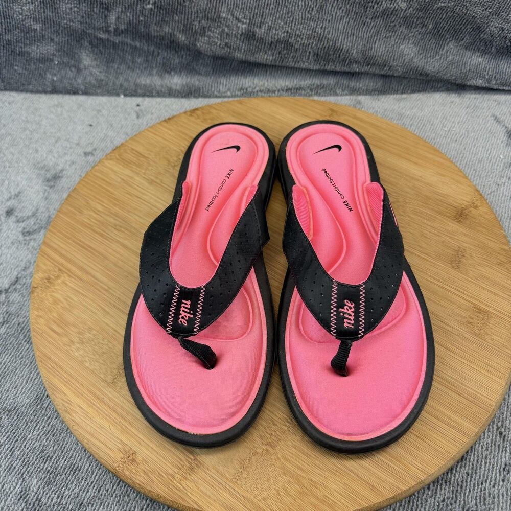 Nike Comfort Footbed Sandals Womens Size 7 Pink Black Cushioned Thong Flip Flop